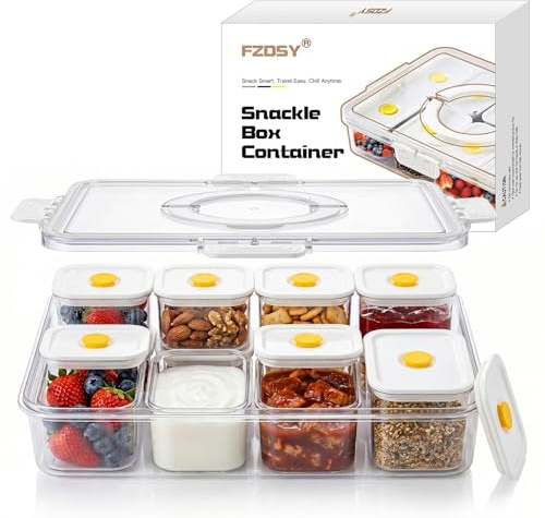 FZDSY Snack Serviertablett mit Deckel und 8 Fächern, Leak-Proof Snack Tray mit luftdichten Einzeldeckeln für Dips, Gemüse, Obst, BBQ, Outdoor, Picknick und Reisen