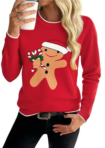 Demegimi Pull de Noël Femme Col Rond à Manches Longues en Tricot Doux Christmas Sweater Hiver Motif Festif Décontracté pour Soirée et Cadeau