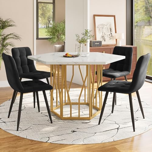 Gxffipw Esszimmergruppe Esstisch mit 4 Stühlen Set für 4 Personen, Weiß Marmor Esstisch 115.5x100x75 cm mit Golden Metallbeinen und Schwarz Samt Esszimmerstühle, Esszimmermöbel, Küchenmöbel
