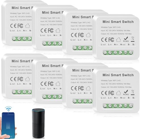 8 interruttori intelligenti per luci, modulo 1-via, doppio controllo, mini interruttore Wi-Fi, si adatta dietro l'interruttore a muro, modulo compatibile con l'app Tuya, Alexa e Google Home, richiesto