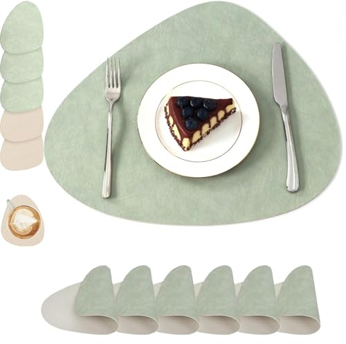 Duscdesp 6er Set Platzsets Abwaschbar,Tischset Oval Platzset Leder mit Untersetzer Teller Doppelseitigen rutschfest Platzdeckchen Tischsets für Tischdeko Küchenzubehör (Avocadogrün + Elfenbeinweiß)