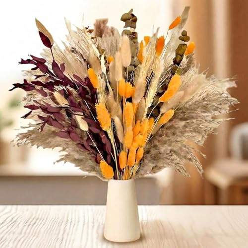 100 Pcs Pampas Grass Decoration, Dried Flowers for Vase Bouquets, Natural Dried Pampas Grass Bouquet for Home Decoration Boho Decor DIY Arrangements Weddings Centerpieces for Dining Table