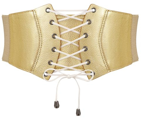 WERFORU Dam brett bälte vintage elastiskt midjebälte falskt läder korsett bälte snörning cinch midjebälte, E-guld, Passend für Taillengröße 86-95cm