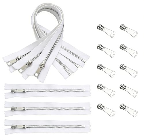 Aezzybe #5 Metallreißverschluss Set, 6 Reißverschlüsse (3×20cm geschlossen, 3×60cm einseitig zu öffnen) & 10 schieber, Y-Zähne aus Titanlegierung, leichtgängig für DIY-Taschen, Jeans (Weiß)