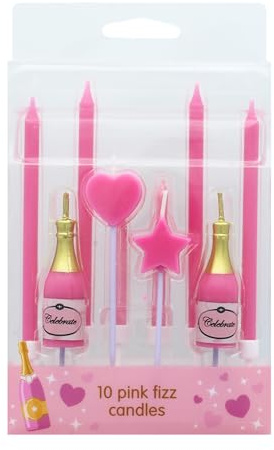 Culpitt Pink Fizz Cake Candles, 10 Birthday Cake Decorations for Parties, Celebration Toppers with Champagne Bottle, Glitter Candles, Tall, Heart, & Star Candles, Pink, White - Mixed Set of 10