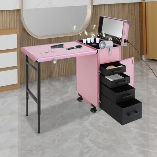 DSYOGX fällbart mobilt nagelbord manikyrbord, rullande manikyrbord med 4 lådor och 4 hjul, rullande manikyrbord nagelbord för spa, skönhetssalong, arbetsplats, upp till 50 kg (rosa)