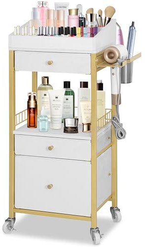 NauwaBarn Makeup Organizer Cart with 3 Drawers, Rolling Vanity Organizer with Adjustable Dividers, Detachable Hair Tool Holder, Lockable Wheels for Small Spaces, Gold & White
