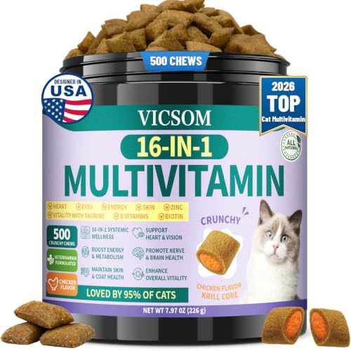 VICSOM Taurine for Cats & Cat Vitamins, 500 Crunchy Krill Chews | 16-In-1 Taurine, Biotin And Zinc Formula Supports Heart, Vision, Immunity, Digestion, Skin And Coat; Chicken-Krill Flavour.