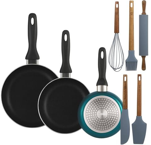 Well Home Set de 3 Sartenes Ø16Ø20Ø24cm de Aluminio prensado en Azul metalizado+Set de 5 Utensilios de Cocina de Silicona y Madera de Acacia