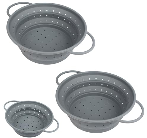 Set di 3 scolapasta in silicone, pieghevoli, con manici per pasta, verdura e frutta, cestello di scarico pieghevole, salvaspazio, lavabile in lavastoviglie