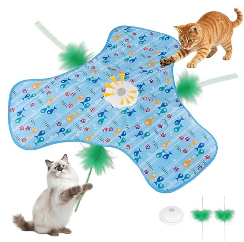 Interaktives Katzenspielzeug Selbstbeschäftigung, Katzenspielzeug Elektrisch mit Versteckspiel, Beweglicher Feder Quietschender Maus, USB Wiederaufladbar für Wohnungskatzen Kitten und Erwachsene, Blau