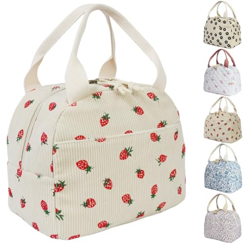 BotaBay Insulated Lunch Bag for Women, Cute Corduroy Lunch Tote with Pockets, Reusable Cooler Lunch Bag for Adults & Kids, Packed Lunch Box for Work, School, Picnic, Travel & Beach (Strawberry)