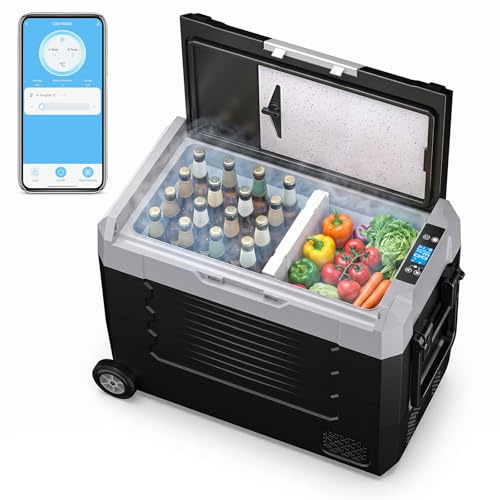 KROAK 55L Kompressor-Kühlbox mit Bluetooth-App, Dual-Zone (-20°C bis +20°C), elektrisch für 12V/24V/230V – mit Rollen, Trennwand & Schneidebrett – ideal für Camping, Auto, LKW, Wohnmobil
