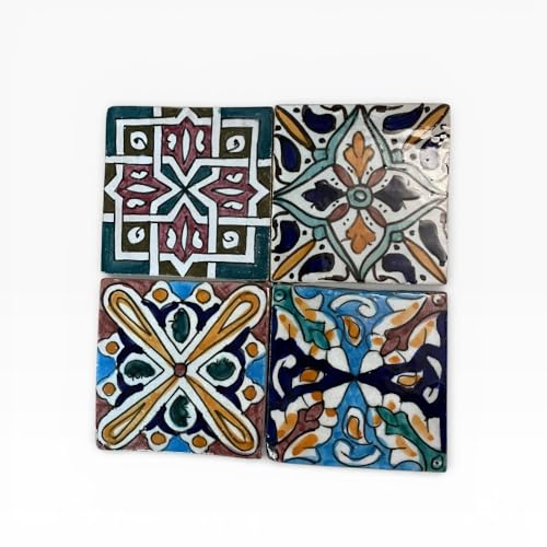 Carreaux marocains peints à la main en céramique Zellige Fes, Lot de 4, 10 x 10 cm, multicolore pour cuisine et mur