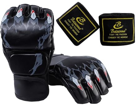 FewNvWa Gants de Boxe Demi-Doigt Légers Protecteurs pour Arts Martiaux Mitaines Sport Respirantes Rembourrage Épais Adaptés à Hommes Femmes pour Sparring Fitn, Noir