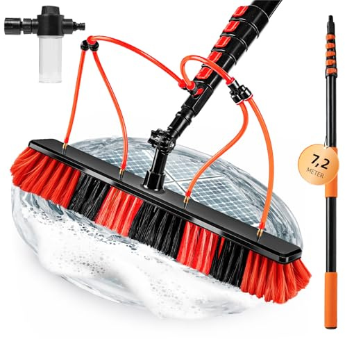 XDOVET Cepillo de lavado telescópico de 7,2 m – 4 agujeros cepillo de lavado con mango telescópico – Extensible para limpiar el techo de la terraza – Juego de limpieza de jardín de invierno, cepillo