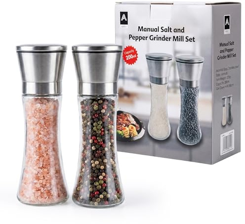 Aspect Salt and Pepper Grinder Set of 2, Manual Salt and Pepper Mills 200ml Glass Stainless Steel Spice Grinders with Adjustable Coarseness, Refillable Pepper Mill Set for Kitchen Cooking
