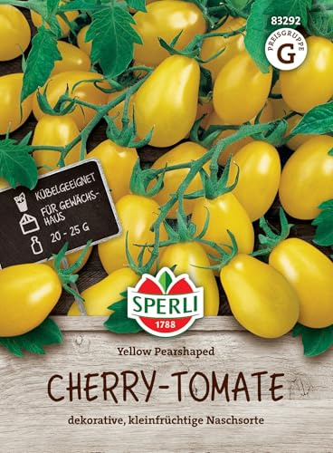 Sperli Cherry-Tomatensamen Yellow Pearshaped 83292, Gemüsesaat | Für Gewächshaus, dekorativ, kleinfrüchtige Naschsorte, aromatisch