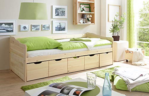 TiCAA Einzelbett Sofabett Funktionsbett, Maria mit Schubkasten für Schlafzimmer, Kinderzimmer Kiefer Massivholz Bettgestell 90 x 200 cm