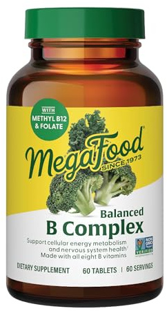 MegaFood Balanced B Complex - B Complex Vitamin Supplement - 8 B Vitamins Including Vitamin B6, Vitamin B12, Folate, Biotin & More - Supports Cellular Energy Production - Vegan, Gluten Free - 60 Tabs
