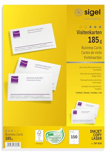 SIGEL DP830 bedruckbare Visitenkarten hochweiß, 150 Stück (15 Blatt), 185 g, 85x55 mm