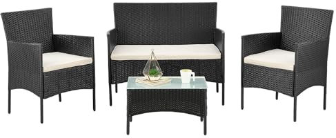 Juskys Polyrattan Sitzgruppe Fort Myers 4 Personen mit 2er Sofa, 2 Stühle, Tisch & Sitzkissen wetterfest schwarz/Creme Balkonmöbel Gartenmöbel Set