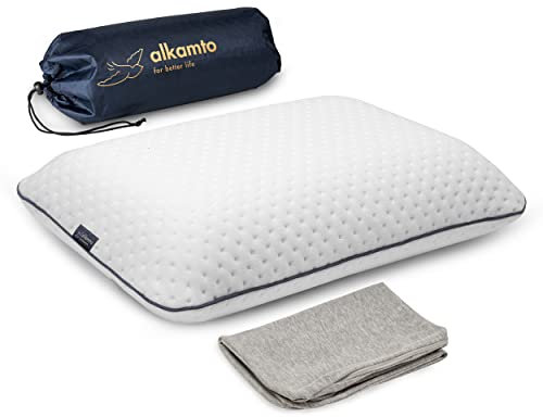 alkamto Reisekissen – Campingkissen – Ergonomisches Memory-Schaum-Kissen mit Temperaturregulierendem Bezug – Extra Baumwollbezug