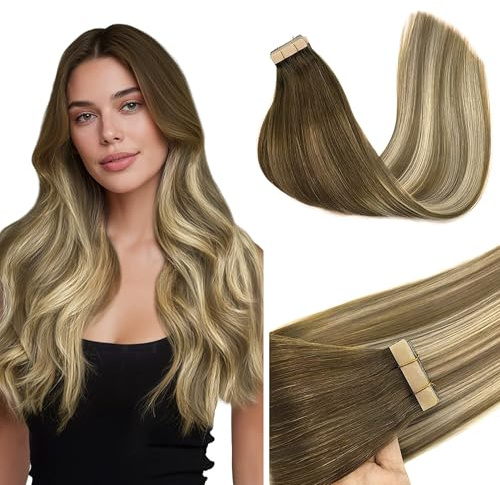 GOO GOO Tape Extensions Echthaar, 40cm 50g 20Stk. #(T3/8)613 Balayage Blond | Walnussbraun nach Aschbraun und Platinblond, Remy Echthaar, Seidig Weich, Verfilzungsfrei, Unsichtbare, Langlebig, Alltag