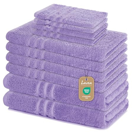 Lavea® Set di Asciugamani da 10 pezzi - 100% Spugna di Cotone - 4 Asciugamani Viso, 2 Teli doccia, 2 Asciugamani Ospiti, 2 Lavette - per Casa Hotel Spa - Lavanda