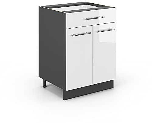 Vicco Küchenunterschrank Fame-Line, Weiß Hochglanz, 60 cm | MDF-Front · Ohne Arbeitsplatte · Höhenverstellbare Füße · Metallgriffe · Soft-Close