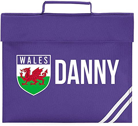 Boys Personalised Book Bag - Wales Flag Badge Custom Name Book Bag - Personalised Back to School Football Soccer Cymru Gift Idea for School Boy - Cool Unique Sport Hobby, Purple