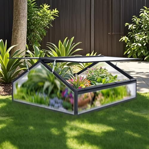 Gegaden Gewächshaus Alu Frühbeet Hochbeet Tomatenhaus, Aufzuchtstation für Pflanzen Treibhaus, mit UV-Schutz Doppeldach lichtdurchlässig Scharnieren Frühbeetaufsatz, 117 x 97 x 52,5 cm, Schwarz, 10kg