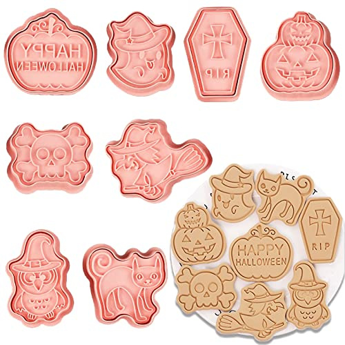 8 stycken halloween kakskärare, halloween kakskärare bakset för, 3D fondant kakformar, kakmått plast för barn, pumpa häxa gravsten katt uggla spöke skalle