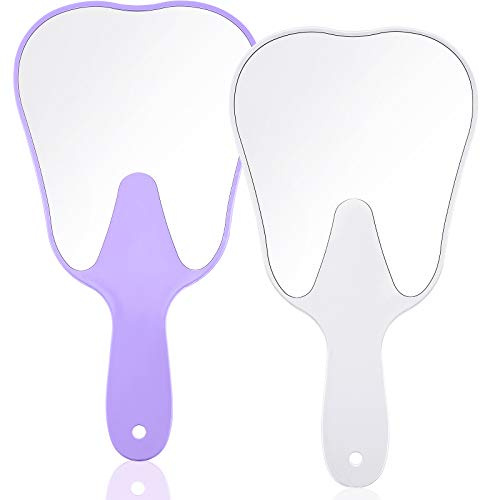 ANUBE 2 pezzi specchio palmare a forma di dente carino specchio a forma di dente trucco a specchio in plastica tenuto a mano con manico specchio cosmetico mano per donne uomini ragazze