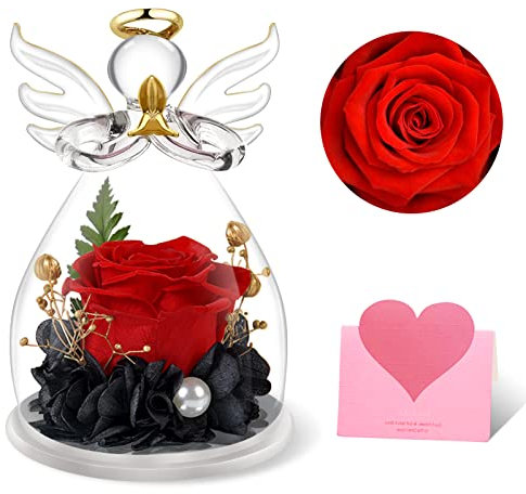 Hakiwina Geschenk für Mama Oma, Ewige Rose in Glaskuppel Engel Figur Handgefertigte Konservierte Blume, Geschenkideen Muttertag Geburtstag Jahrestag Weihnachten für Mutter Oma Mädchen Frauen (Rot)