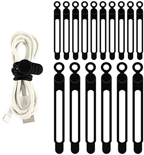 TamBee Cable Ties Reusable Silicone Cable Straps 16pcs Cable Wire Ties Cable Cord Organizers for Earphone Phone Charger Audio Cable Computer (Black-106mm 10pcs, 180mm 6pcs)