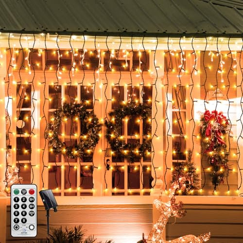CERIAL 4M X 1M Curtain Lights Christmas Icicle Lights, Curtain Fairy Light Waterfall Wall Light Solar Garden Light Outdoor,Green Wire with Remote,Waterproof for Gazebo Balcony,Warm White