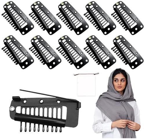 AWAVM 10 Stücke Clips für Extensions mit Sicherheitsnadel, Metall Perücke Clips Haarverlängerung Snap Clip, Schals Sicherheitsnadel, Kleidung, Kopftuch, Rock (Schwarz)