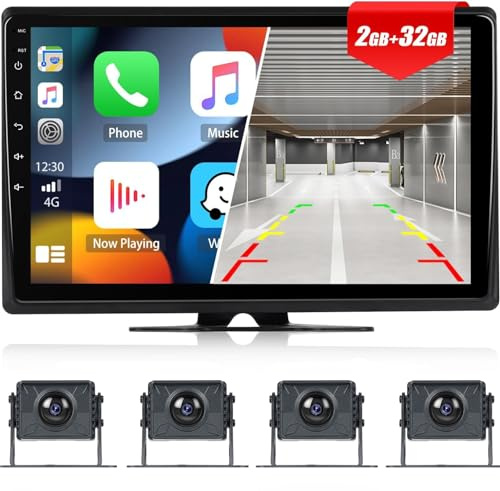 CAMECHO [WIRELESS CARPLAY] Android 13 Car Reversing Camera Set with 1080P-4 cameras,10.1 inch Monitor 2+32G Supports Wireless Android Auto Bluetooth GPS WiFi Loop-Video TF/USB