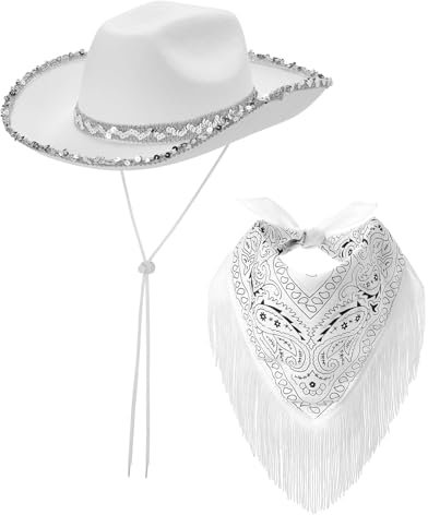 ESSECMBS Damen Cowboyhüte+Bandana 2 Stück Breite Krempe Western Stil Pailletten Cowgirl Hüte und Quastenschal Set für Party (Weiß Pailletten, 2Pcs)