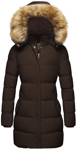 WenVen Lång vinterkappa för kvinnor, vindtät quiltad jacka, tjock jacka, varm vadderad kappa, vinterparkas med fuskpälshuva, Brun, XL