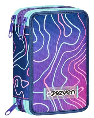 Seven Federmäppchen, Mäppchen, Mehrfarbig, Federtasche für Schreibwaren, Etui mit Stiften, Kugelschreiber, & mehr, 3 Fächer, Mädchen & Jungen, Schule - Grundschule, türkis violett