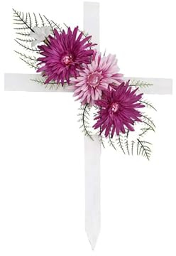 SEDLAV 23.5-Inch Outdoor Artificial Cemetery Floral Wood Cross: Fuchsia Rose Memorial Tribute