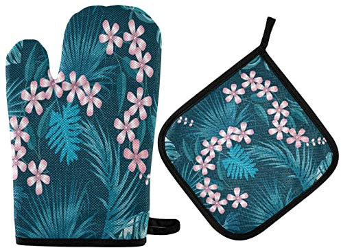 Ufuson Blätter von Palme und Blumen Ofenhandschuhe & Topflappen, rutschfeste Kochhandschuhe für Küche, waschbar, hitzebeständig, Ofenhandschuhe für Mikrowelle, BBQ, Backen, Grillen, 2 Stück