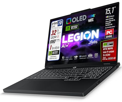 Lenovo Legion 5 Ai, Notebook Gaming, Intel Core i9-14900HX, RAM DDR5 32Gb, SSD 1Tb Display 15.1 WQXGA (2560x1600) OLED 1000nits, 165Hz, Geforce RTX 5070 8Gb, Win 11 Pro, Ready to use