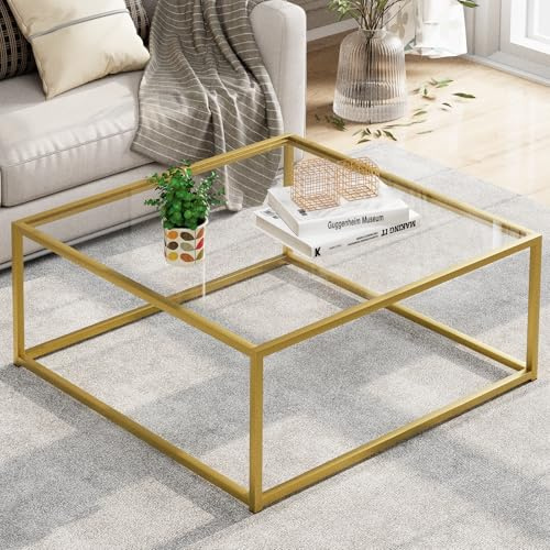 Glass Coffee Table, Small Square Coffee Table for Living Room, Simple Modern Center Tables for Small Spaces, Gold Tea Tables in Living Room, Easy Assembly, 26 x 26 Inch (Gold and Clear