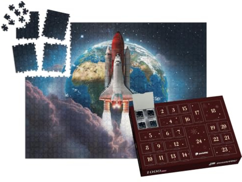 puzzleYOU: Puzzle-Adventskalender | „Space Shuttle startet in den Weltraum, im Hintergrund die Erde“ – aus der Puzzle-Kollektion Weltraum, Universum