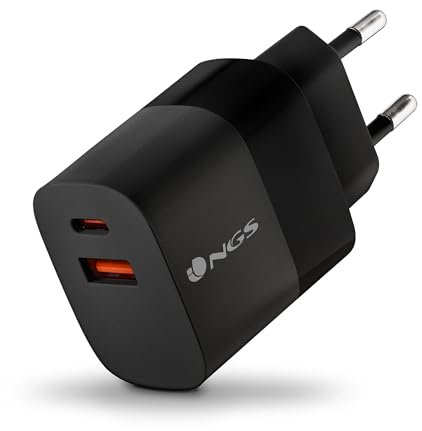 NGS Bud 45 W - Caricatore da parete ultra veloce con 2 porte USB-C(PD & PPS 45 W) USB-A (QC 3.0 18 W) compatto e portatile per smartphone tablet portatili Materiali GAN ignifughi Ricarica simultanea