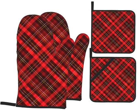 Ofenhandschuhe und Topflappen-Set, weihnachtliche Plaidformen, hitzebeständig, Küchen-Backhandschuhe, rutschfeste Oberfläche zum Kochen, Backen, Grillen, Grillen