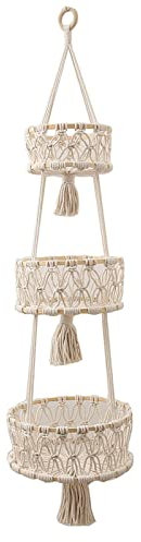 FewNvWa Hanging Basket for Indoor Plants, Macrame Fruit Holder, Space-Saving Design, Wite 3 Tiers, Diameter: 20cm 25cm 30cm Height: 65cm 71cm 110cm